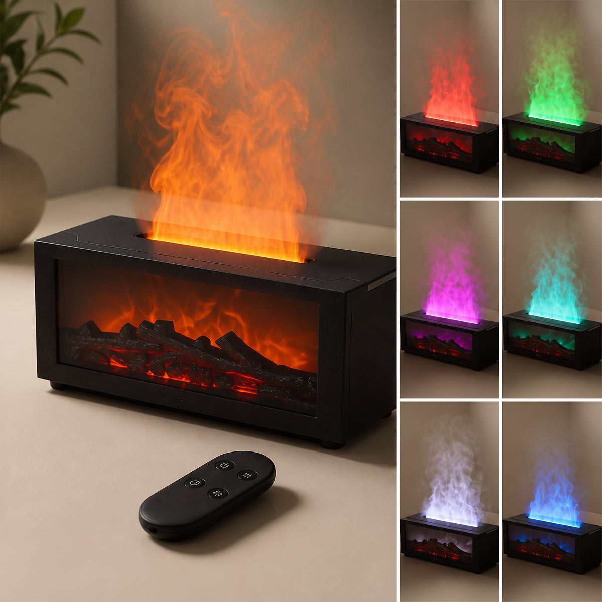 1:1 shot of a black fireplace aroma diffuser with remote, featuring main orange flame effect on left and 6 smaller panels on right showing multiple ambient lighting colors including red, green, purple, light blue, white, and dark blue.