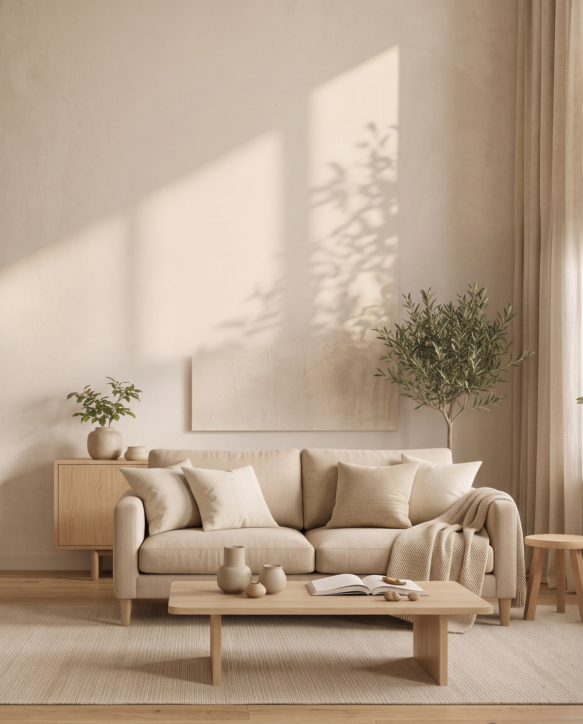 Vertical lifestyle banner showing a warm, minimalist living room with a cream sofa, light wood coffee table, potted olive tree, and soft sunlight shadows cast on a textured wall.