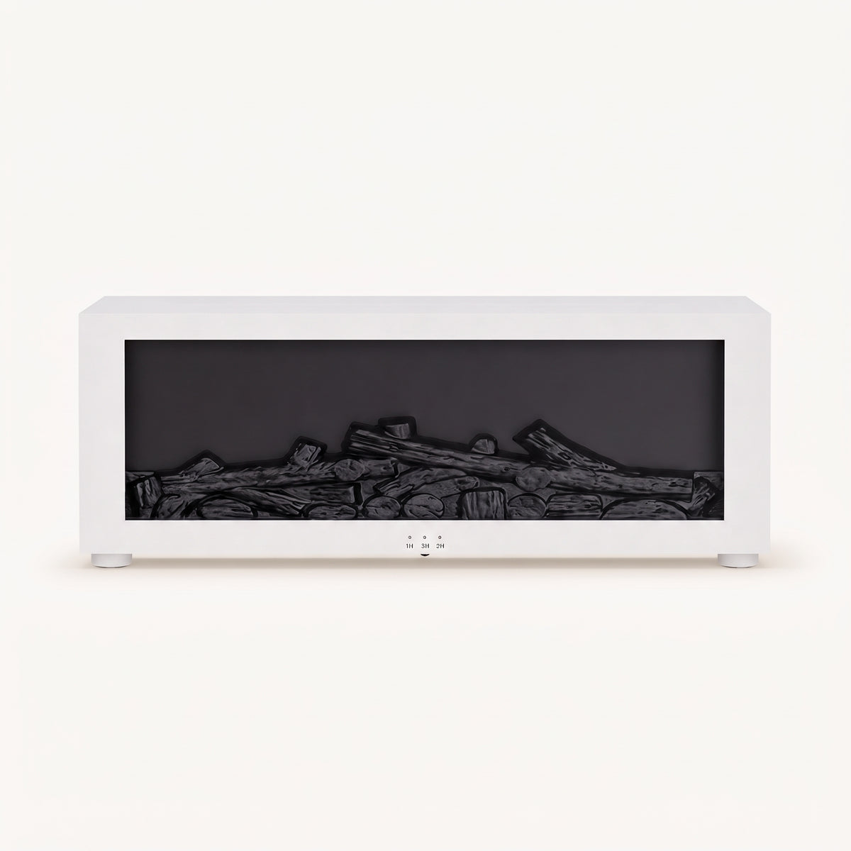 Modern white tabletop electric fireplace with dark log insert on a white background