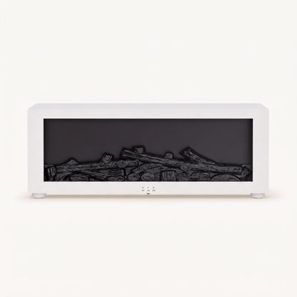 Modern white tabletop electric fireplace with dark log insert on a white background