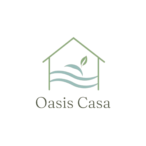 Oasis Casa official brand logo featuring a light green house outline with soft blue water wave lines and a leaf icon inside, above the text "Oasis Casa