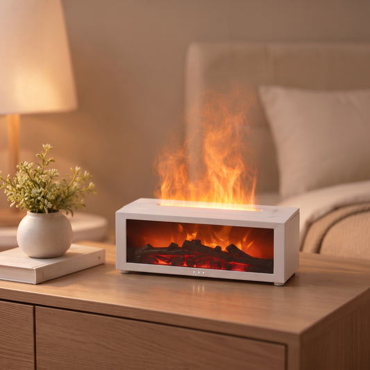 Oasis Flame Mist Diffuser in white sitting on a wooden nightstand, emitting a vibrant orange flame-like water mist in a cozy bedroom setting.