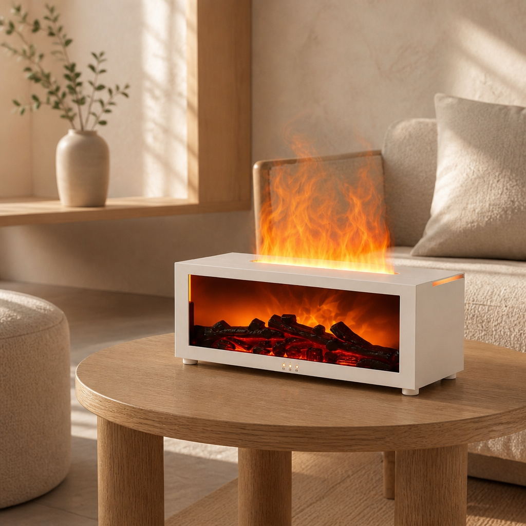 Oasis Flame Mist Diffuser in white operating on a round wooden coffee table, emitting a realistic warm orange flame-like water mist in a cozy, sunlit living room.