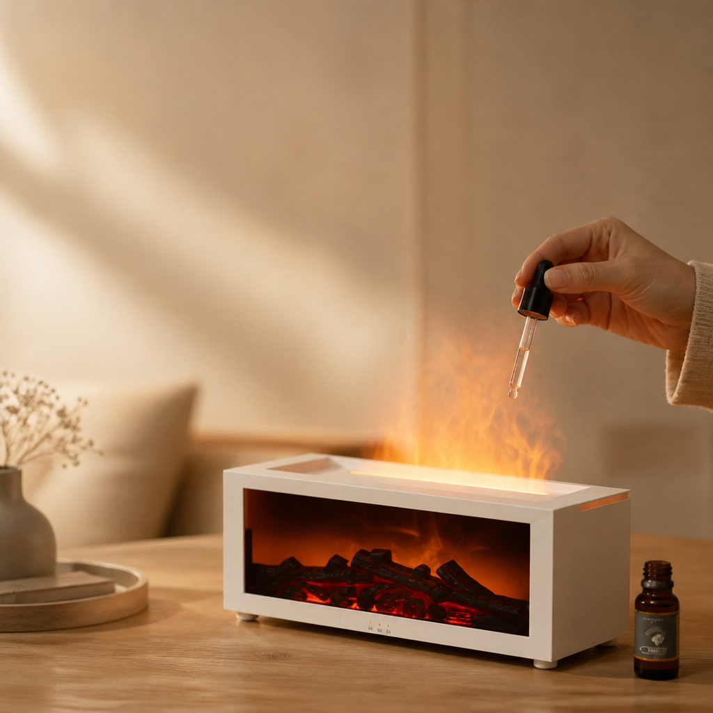A person adding essential oil using a glass dropper into the white Oasis Flame Mist Diffuser on a wooden coffee table, with glowing flame mist effect.