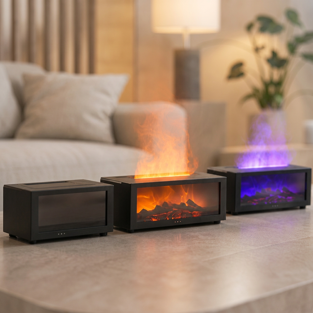 Oasis Flame Mist Diffuser in black showing three operational modes: off, warm orange flame mist effect, and vibrant purple-blue LED mist in a cozy living room setting.