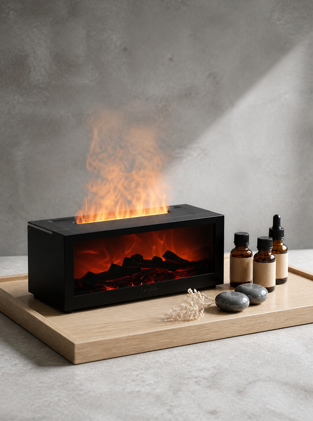 Oasis Flame Mist Diffuser in black sitting on a wooden tray with amber essential oil bottles, featuring realistic warm flame water mist and glowing faux-log interior.