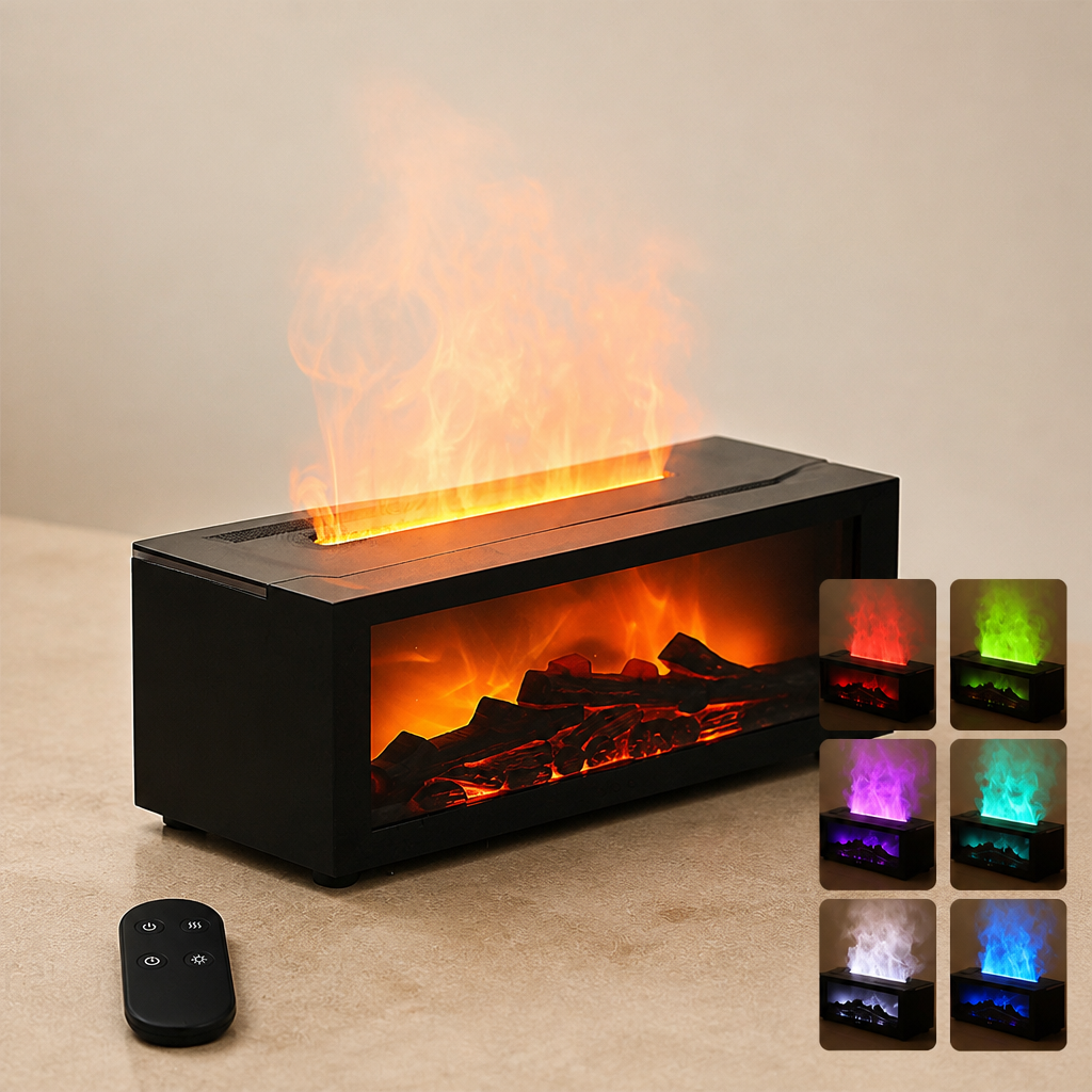 Oasis Flame Mist Diffuser in black with its four-button remote control beside it, displaying realistic orange flame mist and a secondary inset showing 6 LED color modes: red, green, purple, cyan, white, and blue.