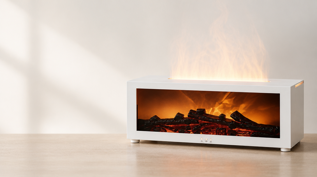 White flame mist diffuser with amber LED glow and gentle mist