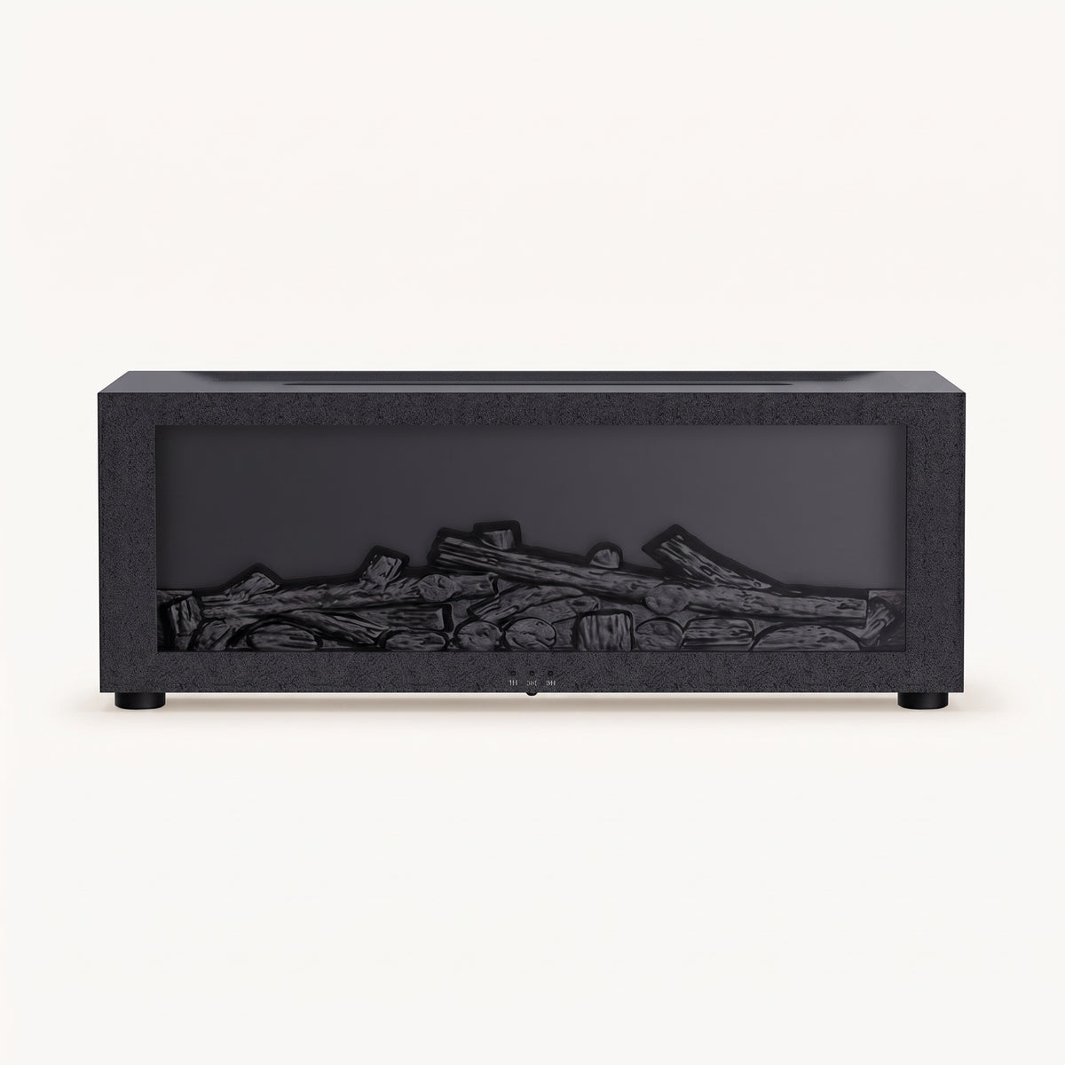 Modern black tabletop electric fireplace with dark log insert on a white background