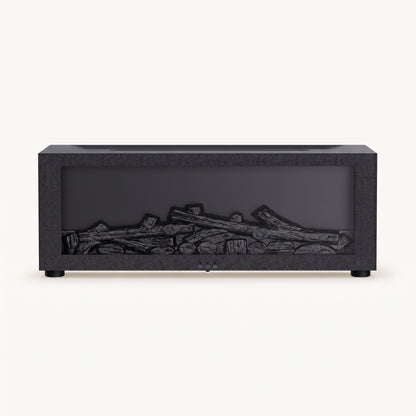 Modern black tabletop electric fireplace with dark log insert on a white background
