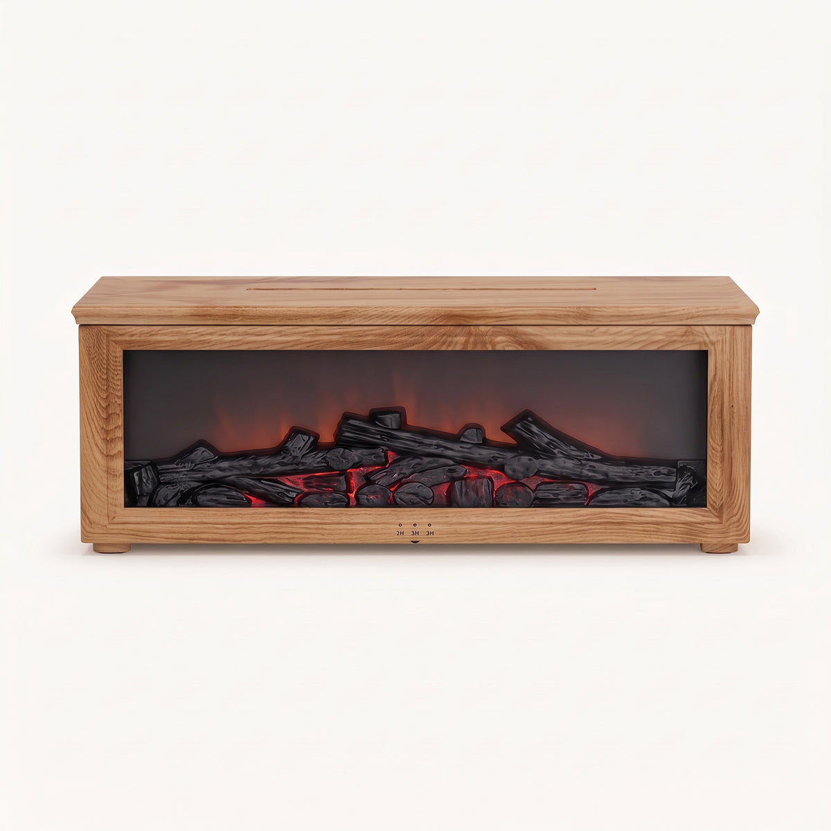 Modern wood grain tabletop electric fireplace with dark log insert and built-in timer display