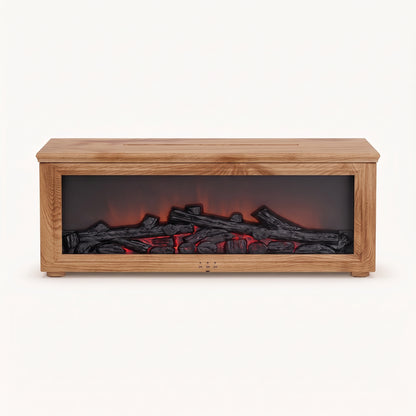 Modern wood grain tabletop electric fireplace with dark log insert and built-in timer display